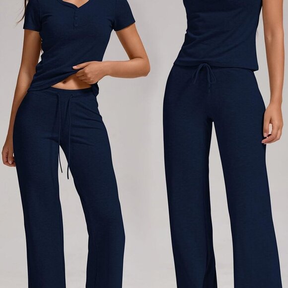 Navy Women's 2 Piece Lounge Set Slim Short Sleeve Top Elastic Waist Straight Leg - Picture 2 of 5